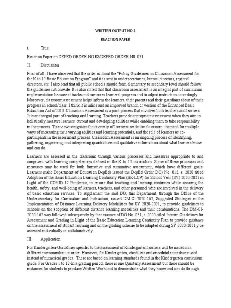 DEPED Classroom Assessment Guidelines | PDF | Educational Assessment ...