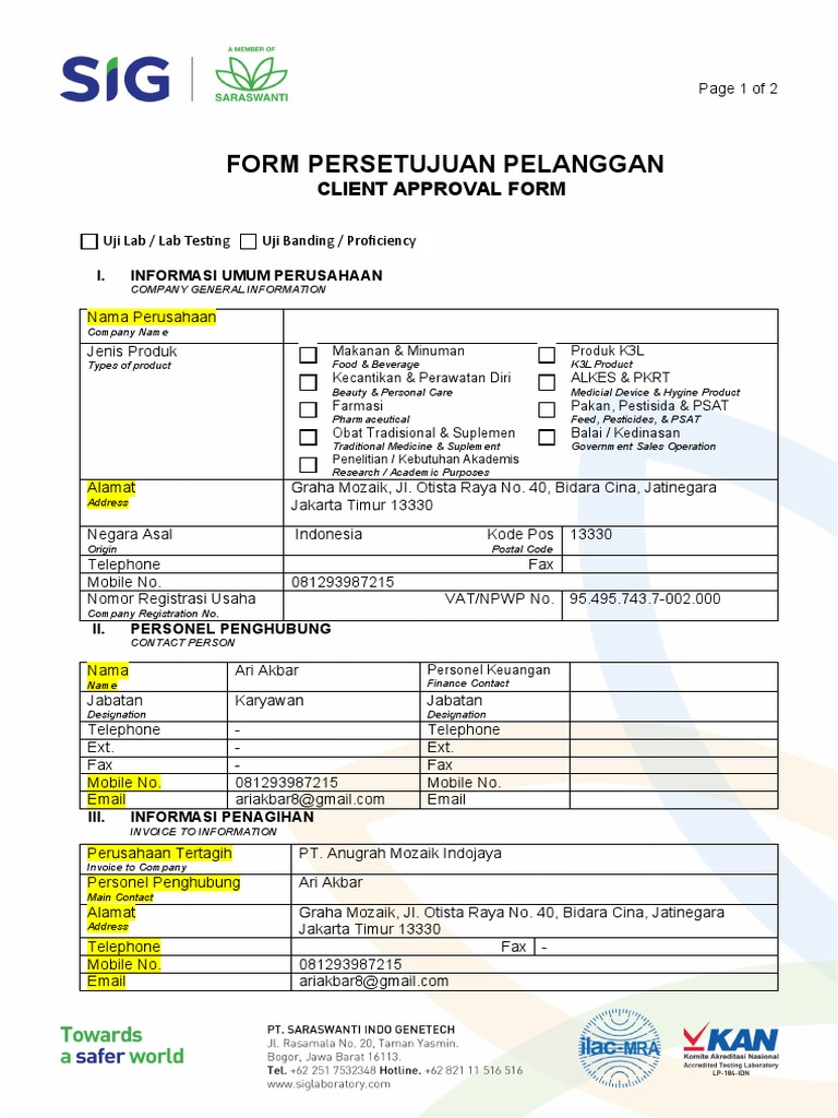 Client Approval Form for Lab Testing | PDF
