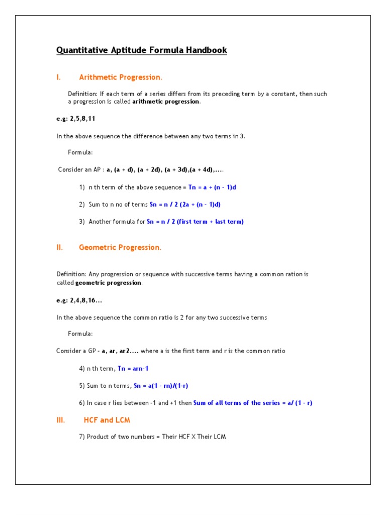 Quantitative Aptitude Formula Handbook: I. Arithmetic Progression | PDF