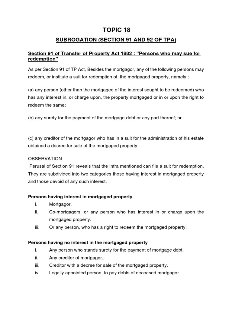 Subrogation and Redemption in TPA | PDF | Mortgage Law | Personal Finance