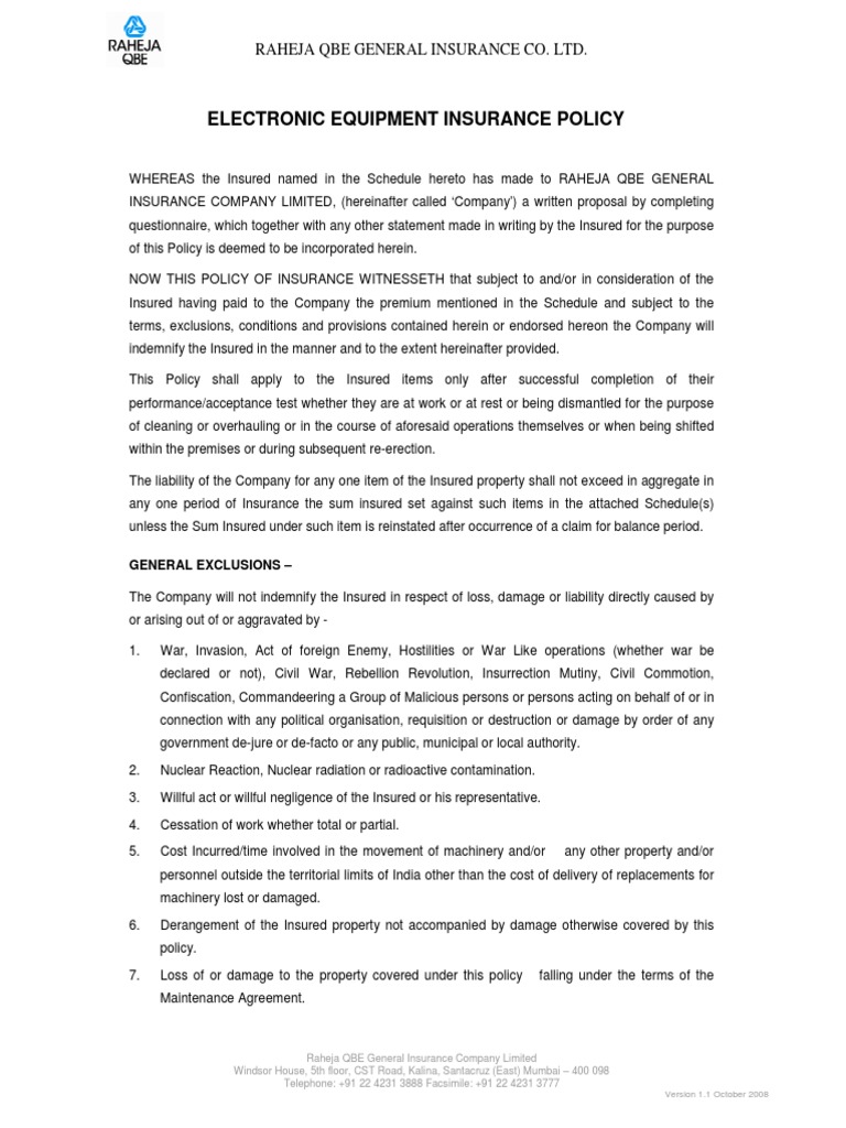 Electronic Equipment Insurance Policy | PDF | Indemnity | Insurance