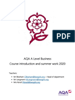 AQA A Level Business Course Introduction and Summer Work 2020