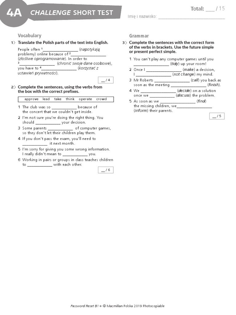 Challenge Short Test: Vocabulary Grammar | PDF | Linguistic Typology ...