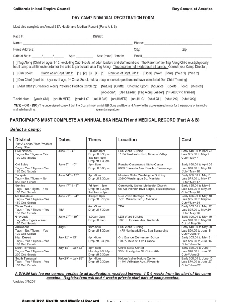 Day Camp Individual Registration Form California Inland Empire Council Boy Scouts of America
