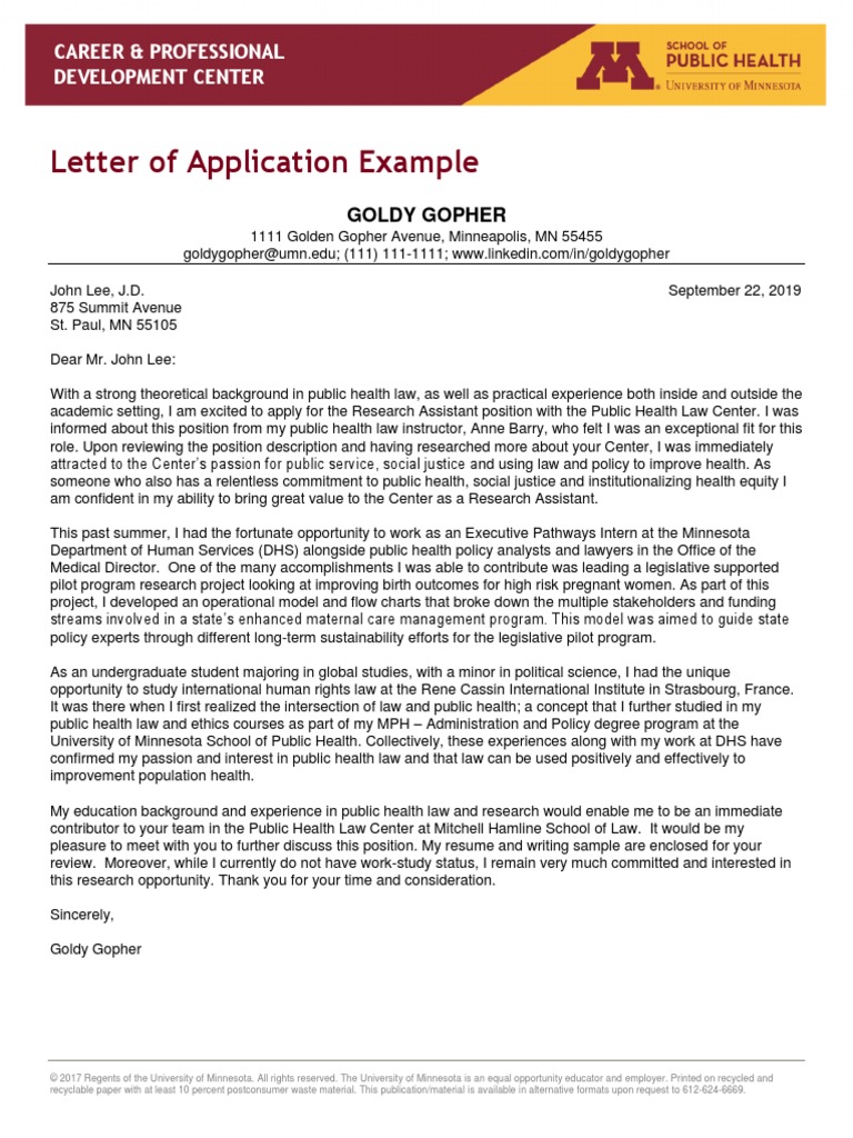 Letter of Application Example: Career & Professional Development Center ...