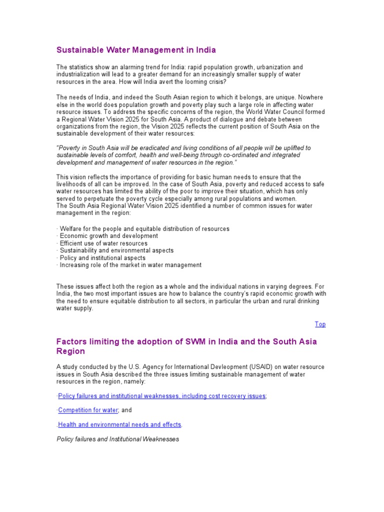 Sustainable Water Management in India | PDF | Drinking Water | Water ...