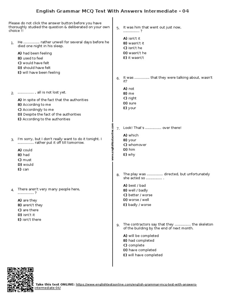 English Grammar MCQ Test 04 | PDF | Multiple Choice