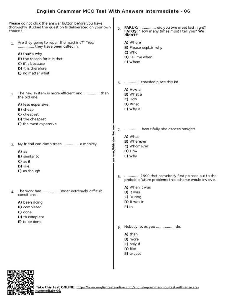 English Grammar MCQ Test 06 | PDF | Multiple Choice