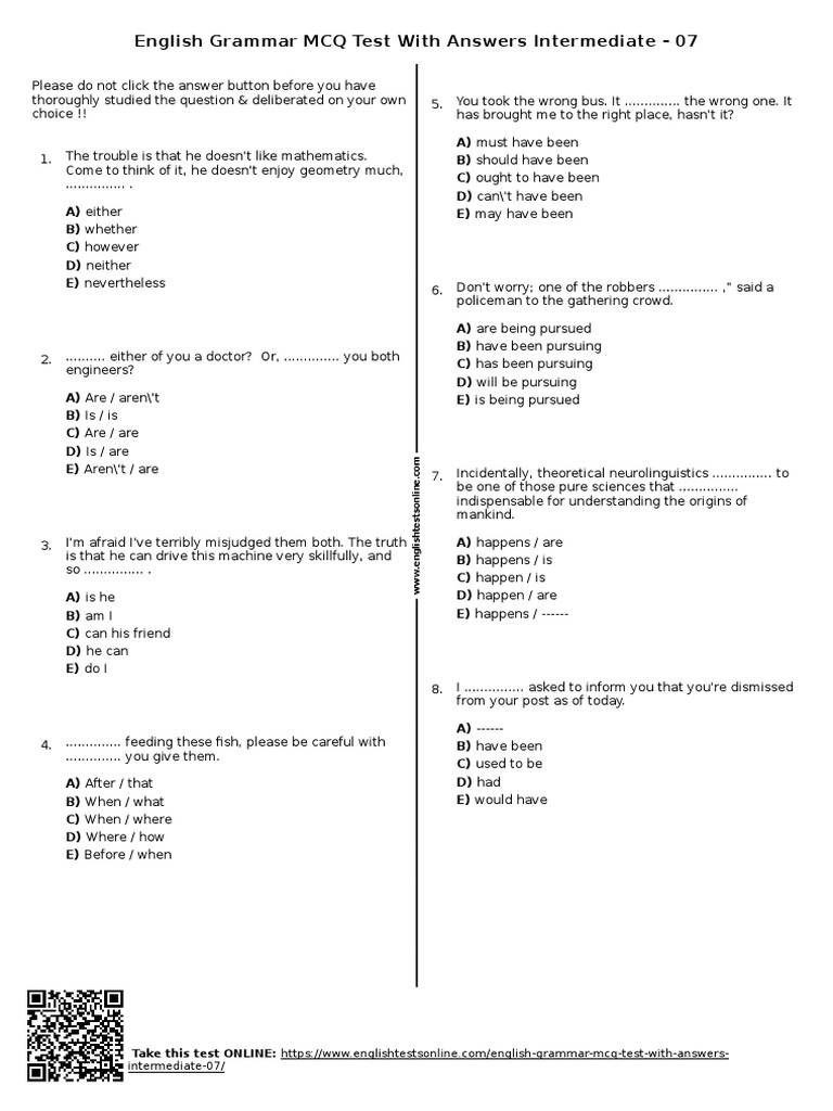 English Grammar MCQs with Answers | PDF | Multiple Choice