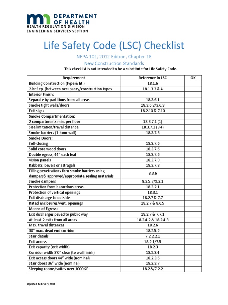 Life Safety Code (LSC) Checklist NFPA 101, 2012 Edition, Chapter 18