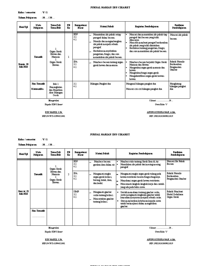 Jurnal Harian Kelas 5 Kurikulum Merdeka | PDF