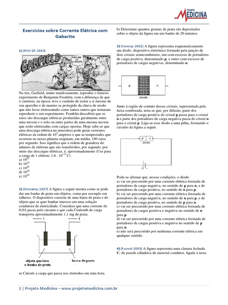 Exercicios Fisica Eletrodinamica Corrente Eletrica Gabarito | PDF ...