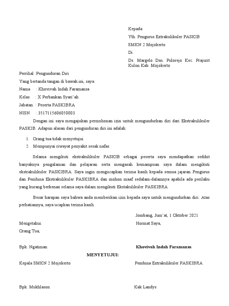 Surat Pengunduran Diri Paskibra | PDF