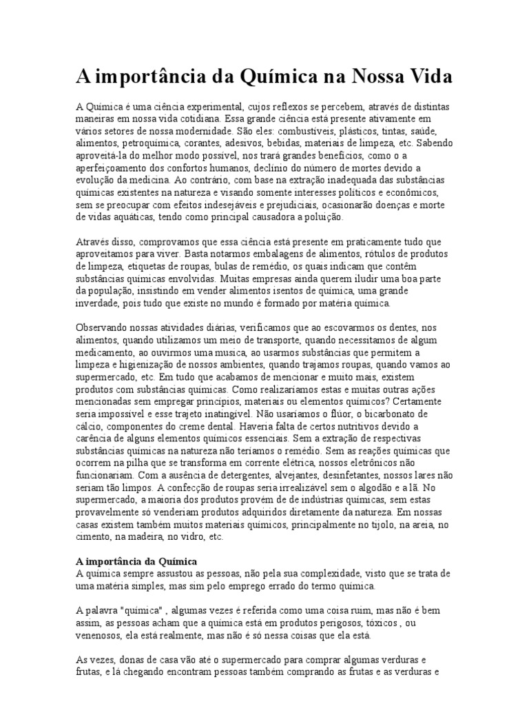 A Importância Da Química Na Nossa Vida | PDF | Reações químicas | Química