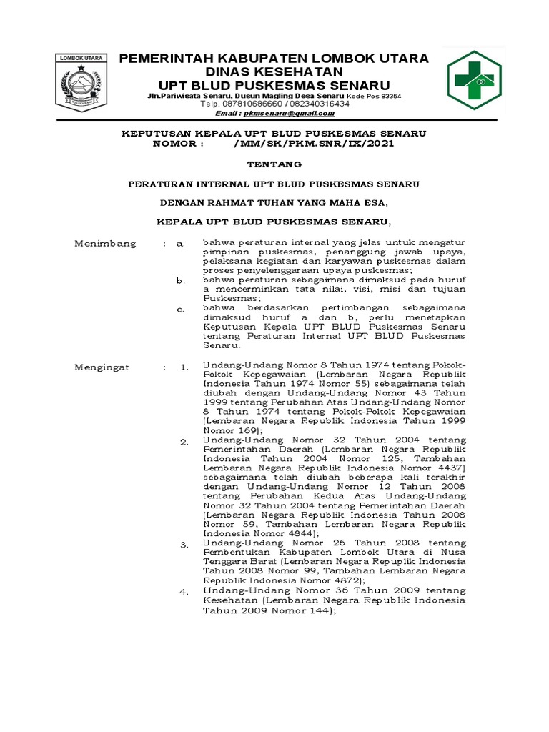 Peraturan Internal Puskesmas Senaru | PDF