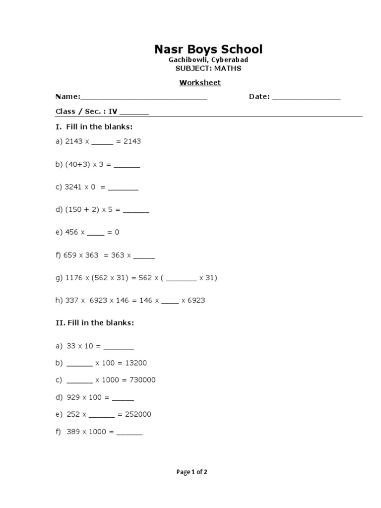 Class 4 Maths Worksheet on Multiplication | PDF | Teaching Methods ...
