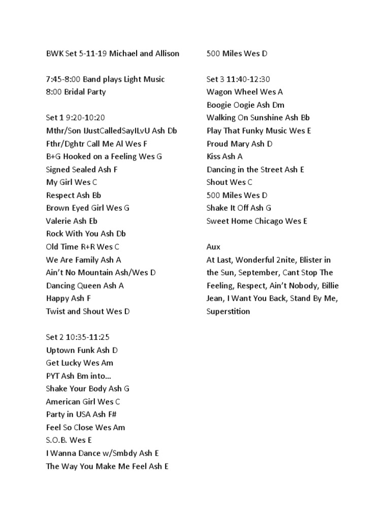 Wedding Music Setlist for Michael & Allison | PDF