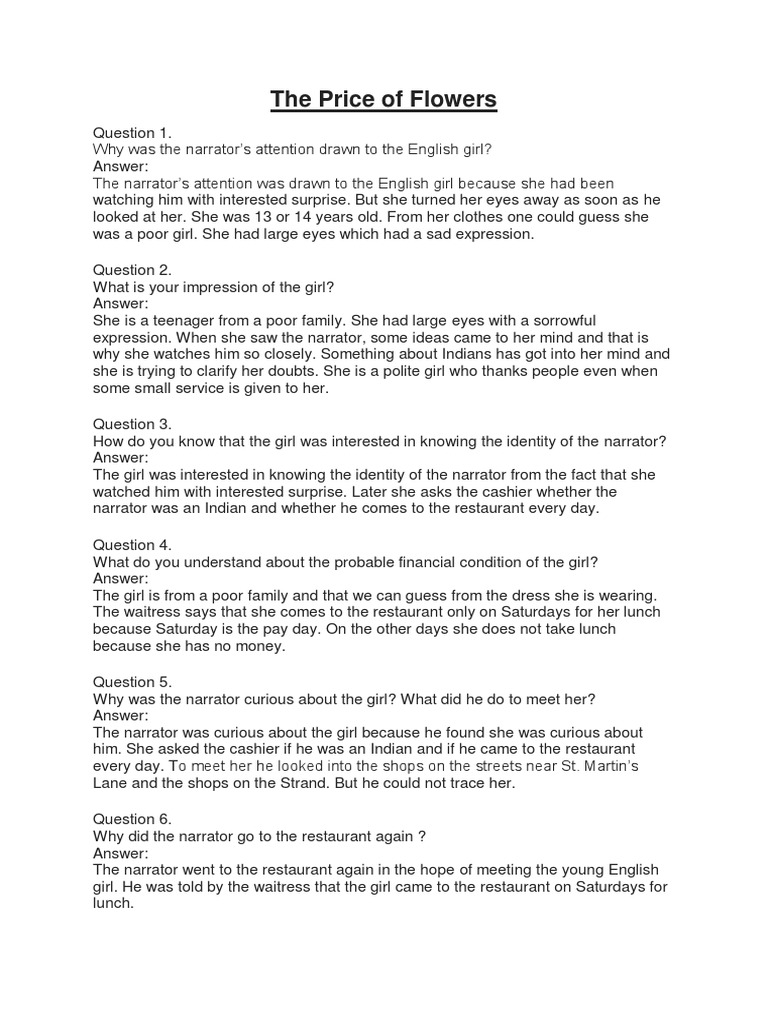 The Price of Flowers Notes PDF Teachers