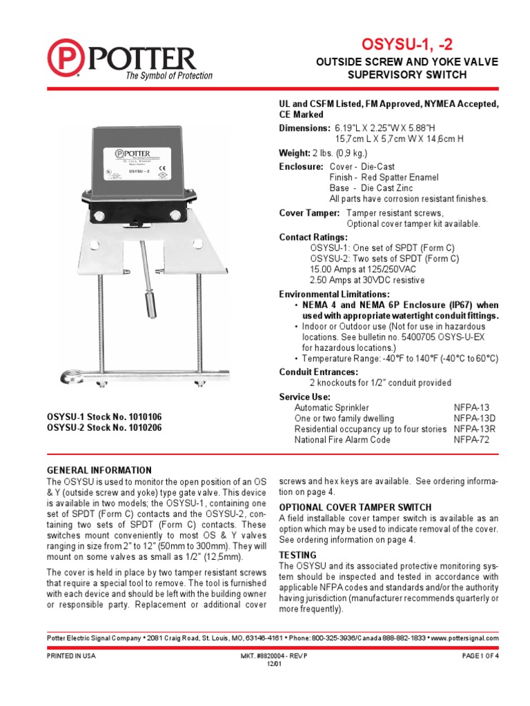 Tamper Switch OS&Y UL PDF Screw Valve