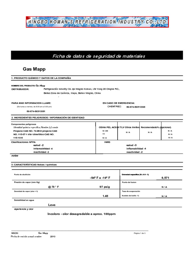 MSDS Mapp Gas En.es PDF Oxígeno Agua