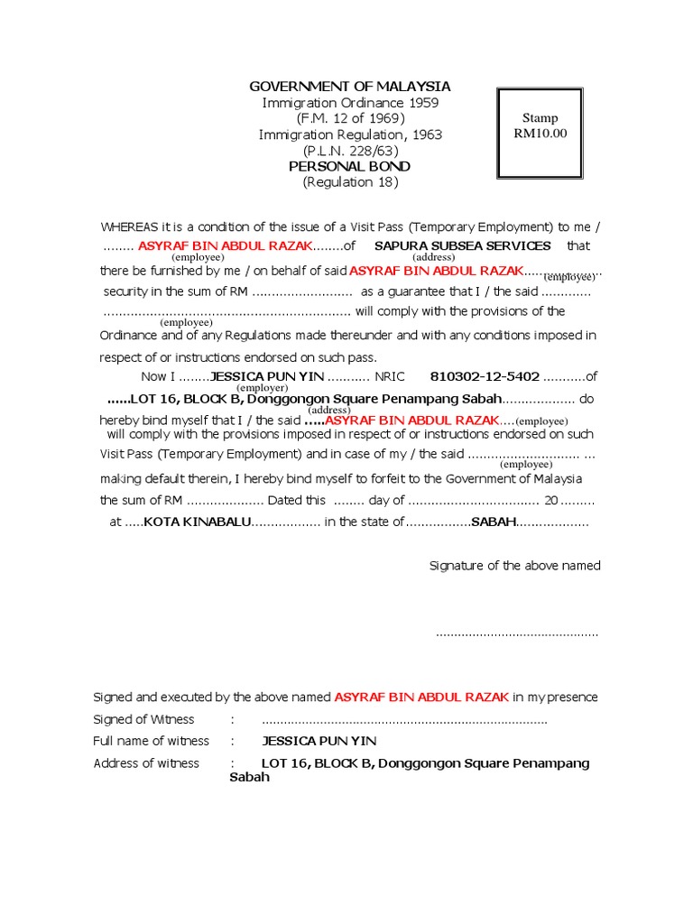 Template - WP Personal Bond | Download Free PDF | Government | Malaysia