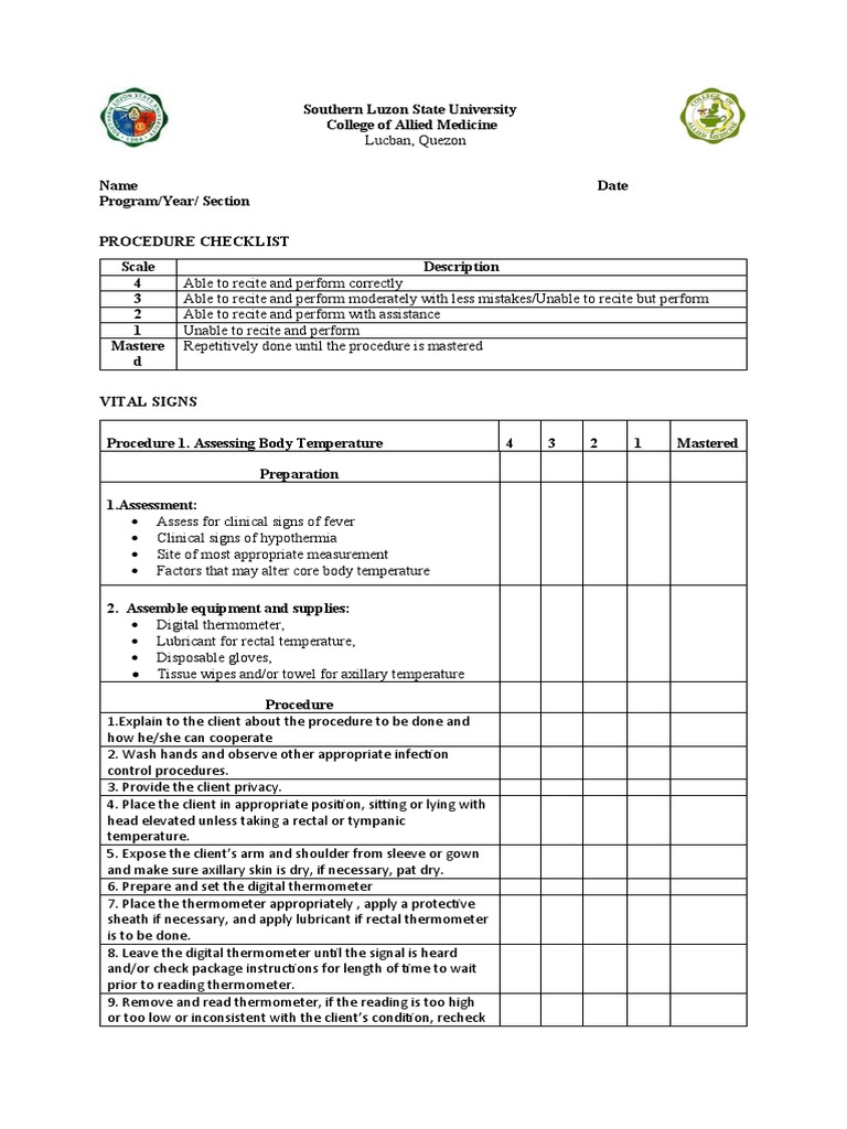 Vital Signs Procedure Checklist | PDF | Pulse | Breathing