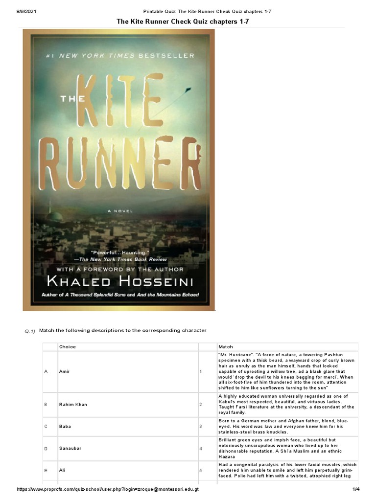 The Kite Runner Check Quiz Chapters 17 Match The Following