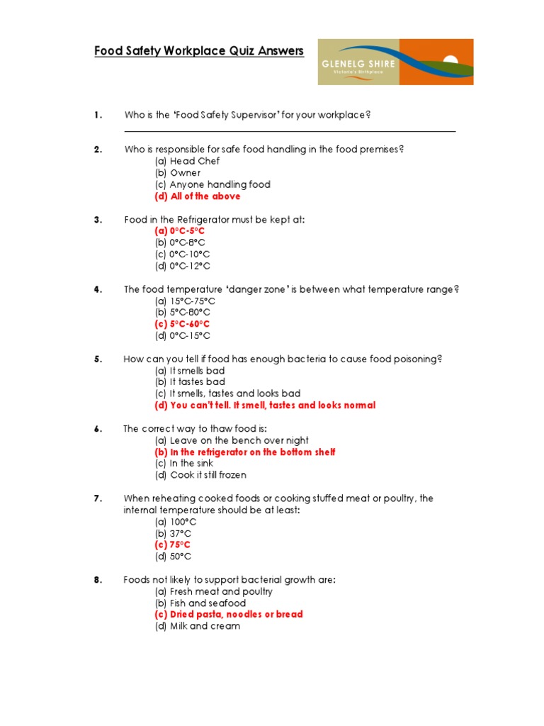 Food Safety Workplace Quiz Answers (D) All of The Above Download Free PDF Foods Refrigerator