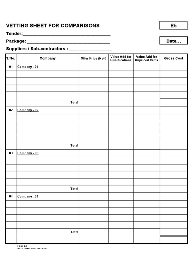 Vetting Sheet for Tender Comparisons | PDF