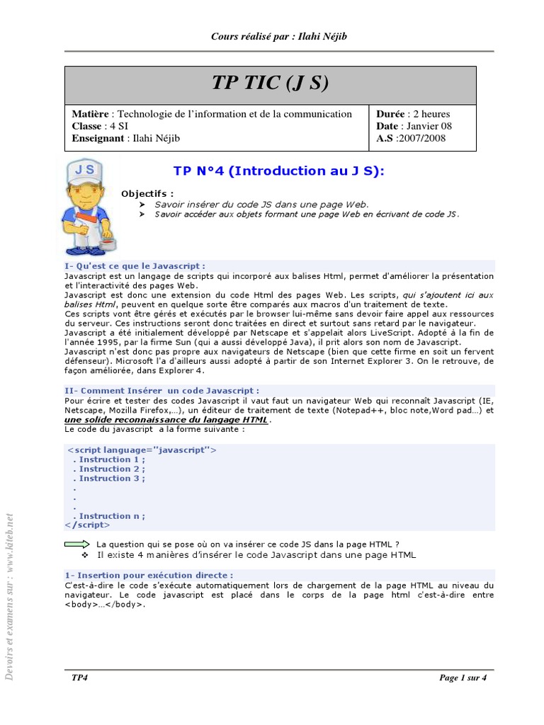 Introduction au JavaScript et insertion de code | PDF | JavaScript ...