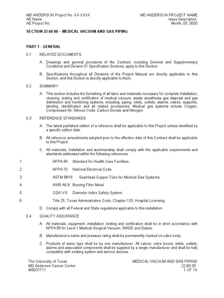 Section 22 60 00 - Medical Vacuum and Gas Piping | PDF | Pipe (Fluid ...