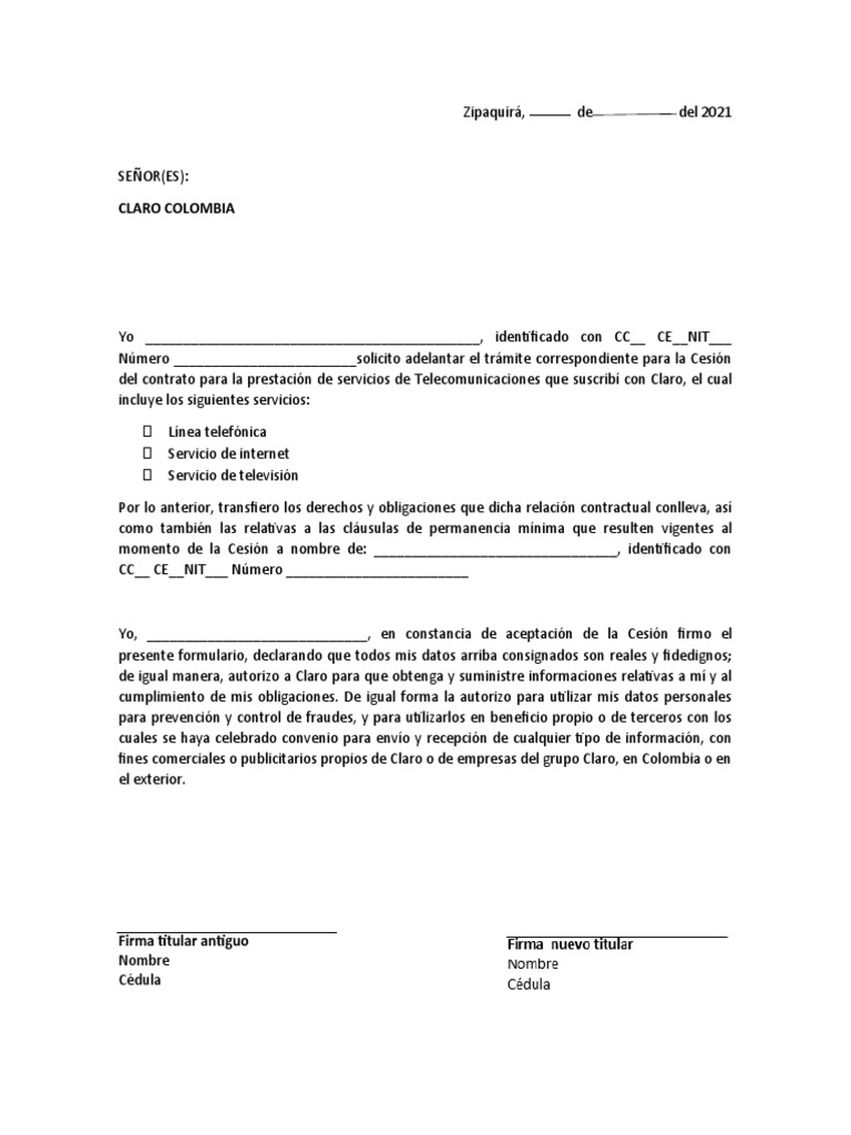 Carta Cesión de Contrato PDF