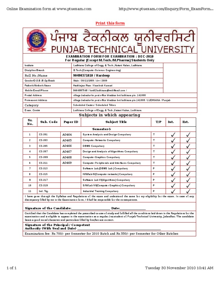 B.Tech Exam Form - Dec 2010 CSE | PDF | Computer Science | Science And ...