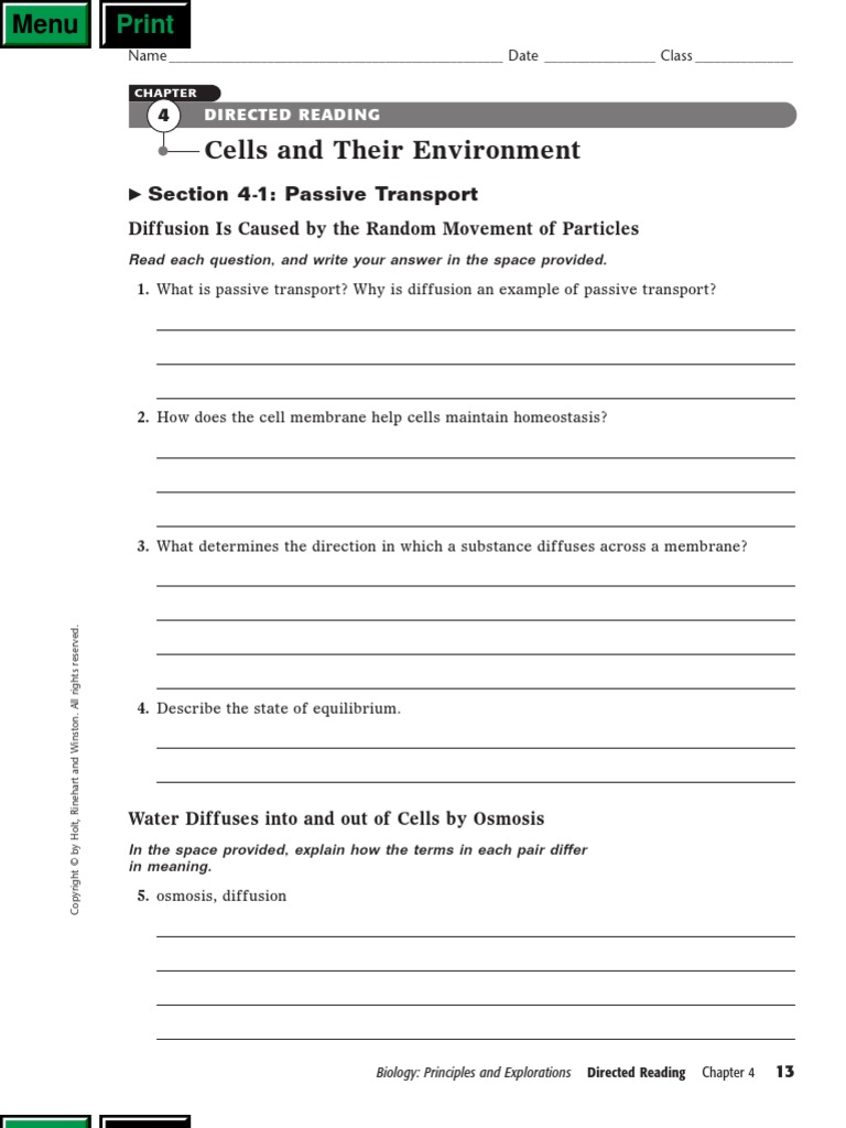 worksheet Holt Biology Worksheets biology chapter 8 cell and their environment quiz membrane osmosis