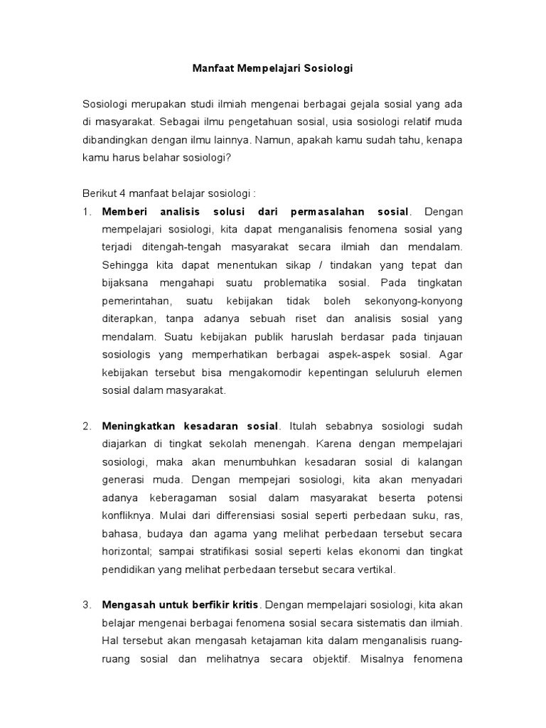Manfaat Mempelajari Sosiologi PDF
