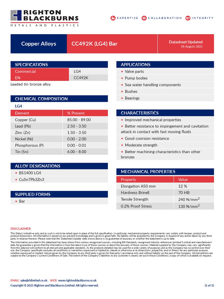 Righton Blackburns LTD Copper and Copper Alloys CC492K LG4 Bar 379