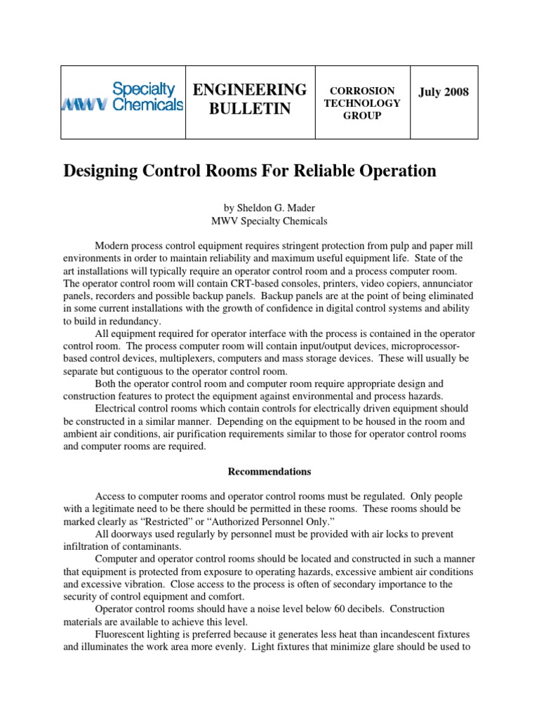 Designing Control Rooms For Reliable Operation Engineering Bulletin