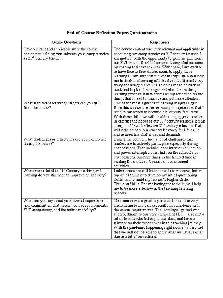 End-of-Course Reflection Paper/Questionnaire: Guide Questions Response ...