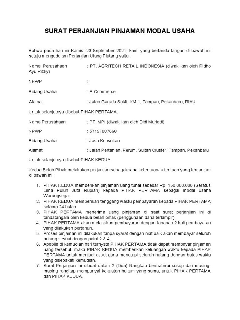 Contoh Surat Perjanjian Pinjaman Uang | PDF | Hukum