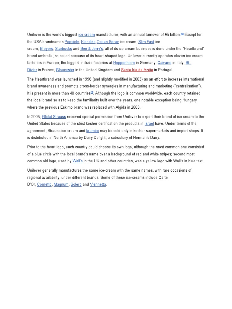 Unilever's Global Ice Cream Business and the Implementation of the