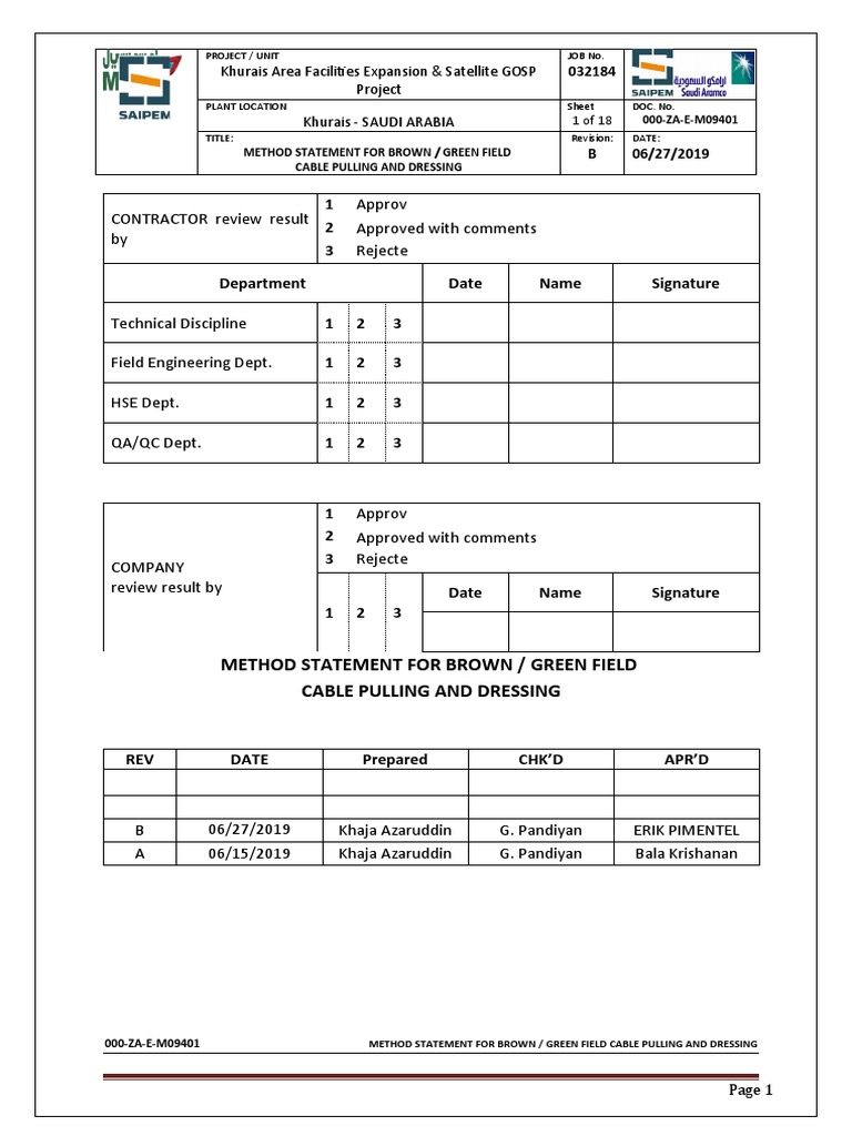 Cable Pulling Method Statement - Khurais | PDF | Electrical Wiring ...