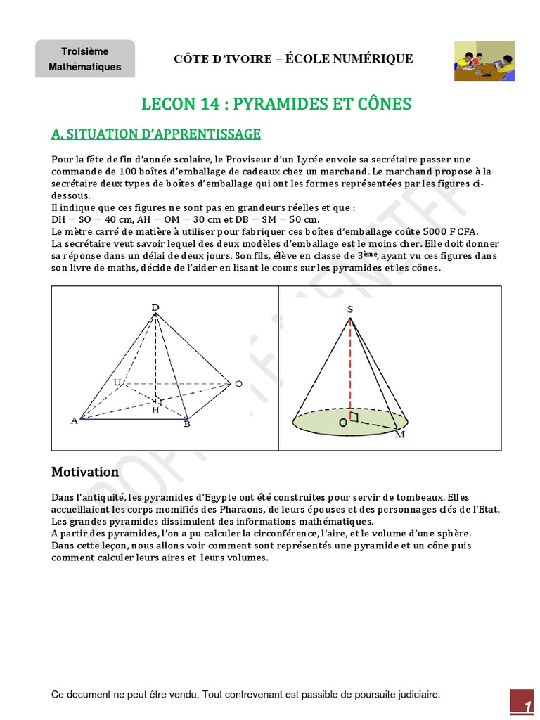 Exercices Corrigés Aires Et Volumes : 3ème Pdf 3e - Maths - L14 - Pyramide - Cone Synthese | PDF | Triangle | Zone