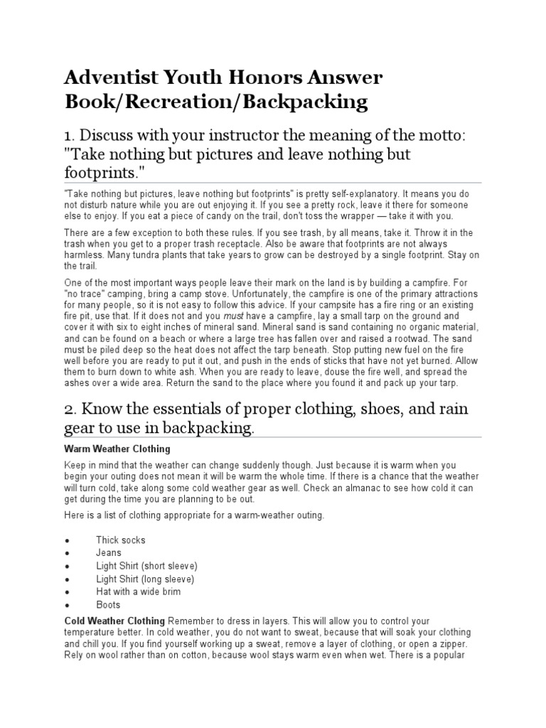 Backpacking Honor Guide for Pathfinders | PDF | Backpack | Hyperthermia