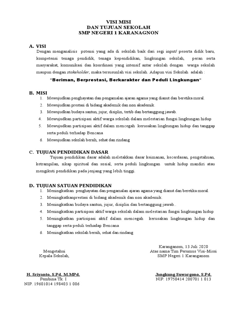 Visi Misi SMPN 1 Karanganom | PDF