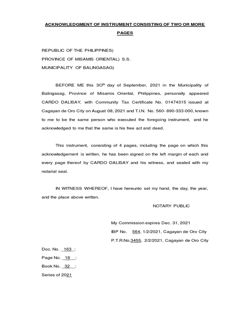 Acknowledgment of Two-Page Instrument | PDF | Notary Public | Justice