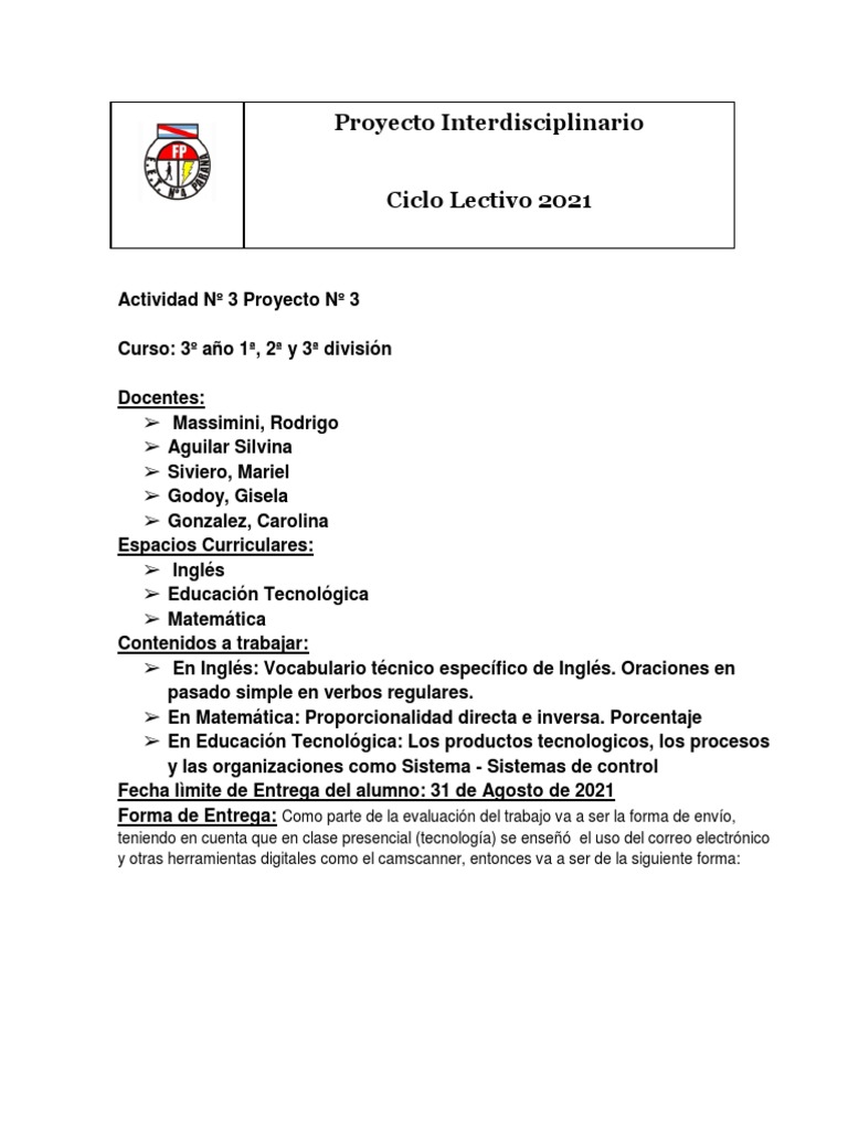 Actividad 3 Proyecto 3 para 3er Año 2021 | PDF | Sistema de control