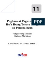 Pagbasa at Pagsuri Filipino 11 LAS Quarter 3