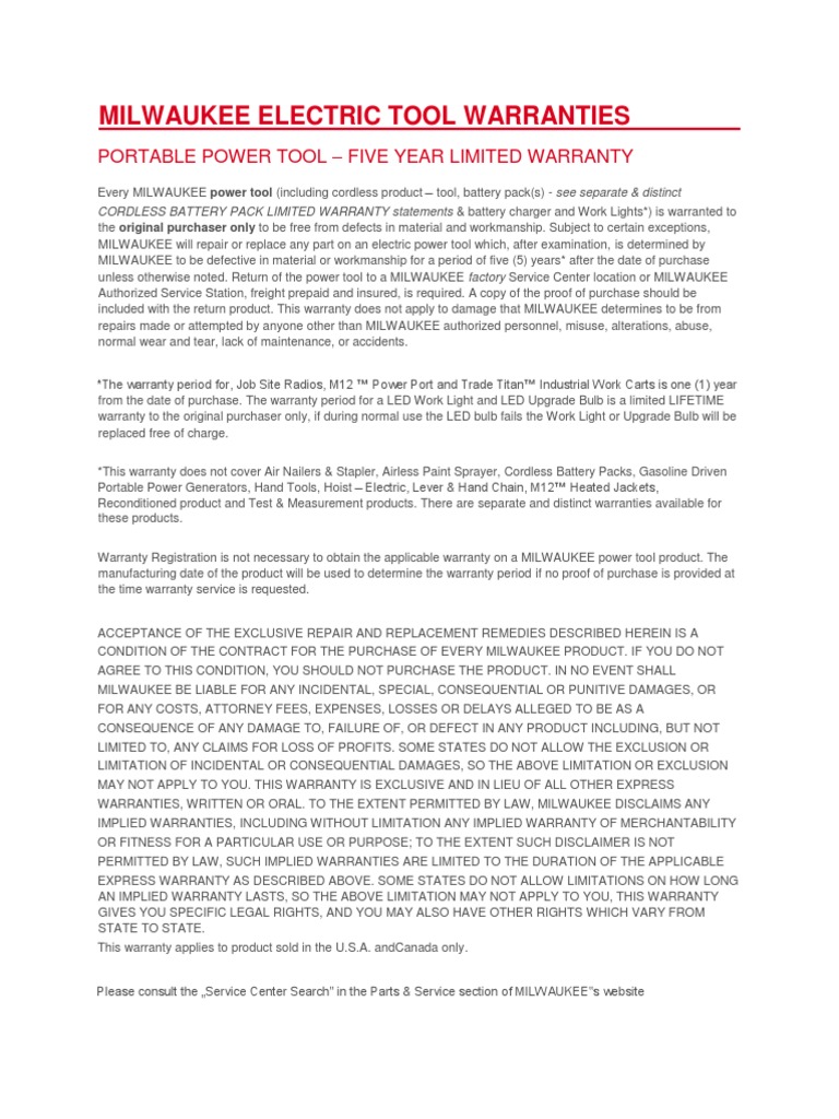 Milwaukee Electric Tool Warranties Portable Power Tool Five Year