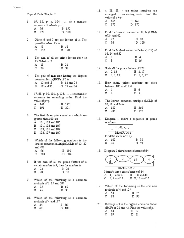 Chapter 2 Math Form 1 Topical Test Paper 1 Pdf Prime Number Mathematical Concepts