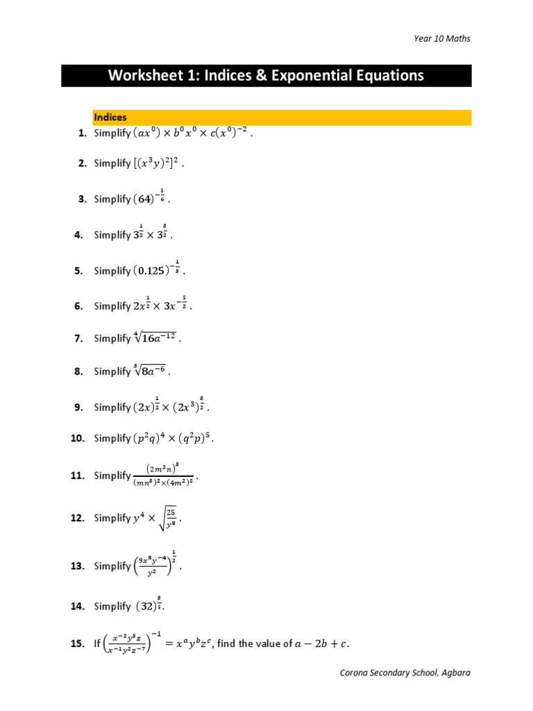 Worksheet 1 Indices and Exponential Equations PDF